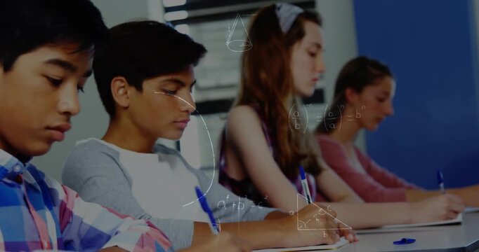 Animation of math formulas moving over class of diverse pupils learning at school