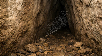 a tree trunk's rough, textured bark, with a spider web hanging in the center