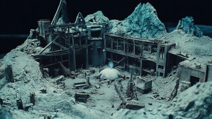 Detailed miniature replica of a silent industrial foundry with a cold furnace and decaying structures