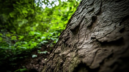 Detailed texture of ancient redwood tree bark with deep fissured patterns in a lush green forest