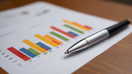 Fototapeta premium Close up of a colorful bar graph with a pen on a wooden desk symbolizing business analysis and financial planning