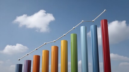 Vibrant bar and line graph symbolizing upward growth and success against a bright blue sky with scattered clouds