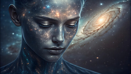 A celestial being meditating amidst the infinite beauty of a swirling galaxy
