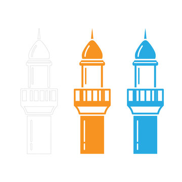 Vibrant mosque minarets in orange and blue on whait  background
