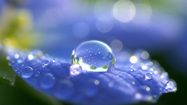 Water Droplet on Blue Petal - Macro shot of a transparent water droplet resting on a blue flower petal, with other water droplets scattered around it.