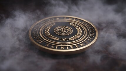 A detailed antique gold coin featuring an ornate central emblem and laurel wreath partially obscured by wisps of atmospheric smoke