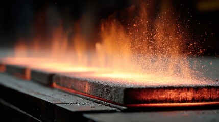 Close-up of intensely heated metal slabs with fiery sparks and an industrial setting