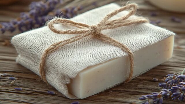 selective focus natural linen drawstring pouch with handmade soap bar inside