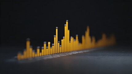 Detailed yellow bar chart illustrating fluctuating financial data growth trends and performance metrics over time against a dark abstract background