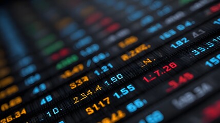 Close up of a glowing digital market ticker displaying colorful rows of numbers and data
