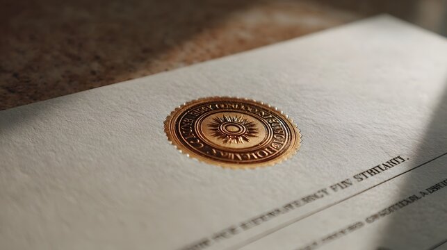 A detailed ornate golden embossed official seal on a textured parchment document illuminated by warm sunlight
