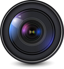 Camera lens isolated, front view with light reflections, 3D icon llustration.