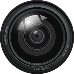 Camera lens isolated, front view with light reflections, 3D icon llustration.