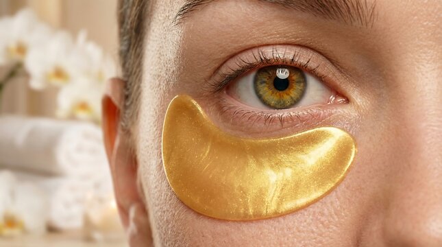 Close up of eye with under eye patch gold in color beauty and skincare concept