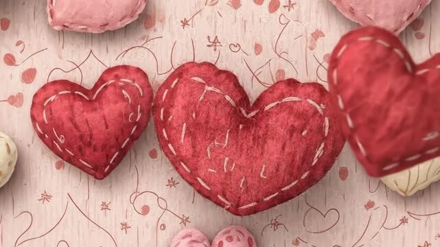 Assorted fabric hearts on decorative background
