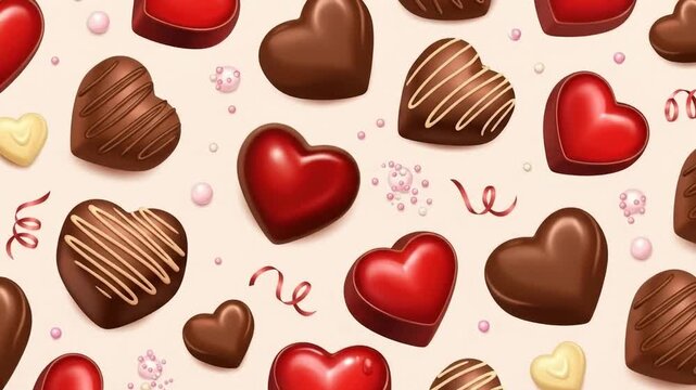 Assortment of heart shaped chocolates on light background