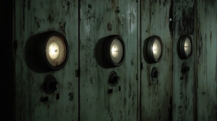 Dimly illuminated substation control panel with vintage gauges and metallic texture