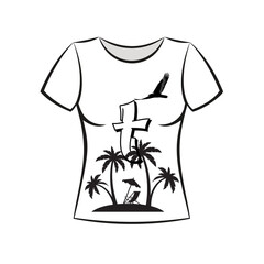 Abstract summer vacation design with religious cross and soaring bird over tropical palm trees and beach chair on small island silhouette