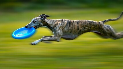 Energetic Greyhound Dog in Motion Catching Flying Blue Frisbee in a Vibrant Green Field of Grass