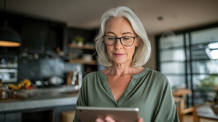 Elderly Woman Using Tablet in Modern Kitchen Space with Warm Lighting and Thoughtful Expression