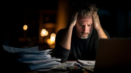Man in Dark Room with Papers and Laptop, Expressing Stress and Frustration Over Workload and Deadlines