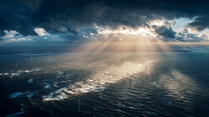 Majestic Aerial View of Offshore Wind Turbines Beneath Dramatic Cloudy Sky with Sun Rays Illuminating Ocean Surface