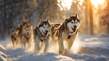 Majestic Siberian Huskies Running Through Glimmering Snow in a Winter Wonderland Under a Soft Golden Sunset