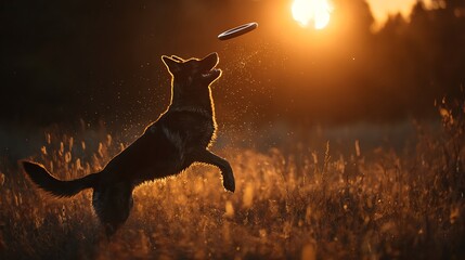 Energetic Dog Leaping to Catch a Flying Frisbee Against a Beautiful Orange Sunset in an Open Field