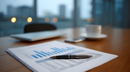 A professional office desk featuring a financial report pen smartphone and coffee cup with a blurry city view in the background during early morning