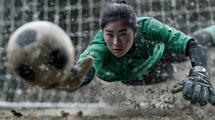 Female Soccer Goalkeeper in Action Diving to Save Ball on Muddy Field with Intense Focus and Determination