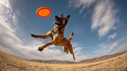 Energetic Dog Joyfully Catching Flying Frisbee in Open Field Under Bright Blue Sky with Whimsical Clouds