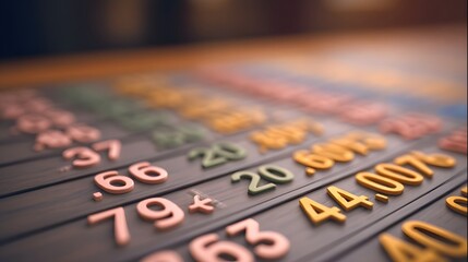 Colorful rows of raised numeric figures on a textured surface representing financial data and market analysis