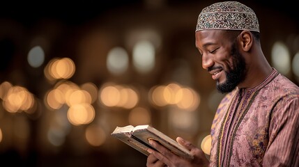 Man in Traditional Attire Reading Book with Soft Bokeh Background in Warm Lighting