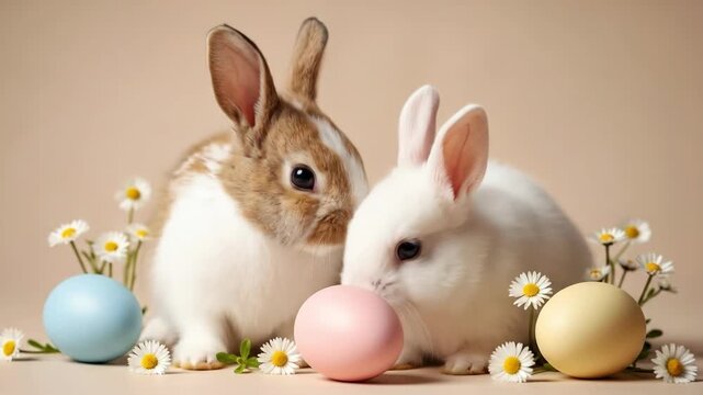 Two cute bunny rabbits with colorful easter eggs and white daisy flower for spring holiday decoration