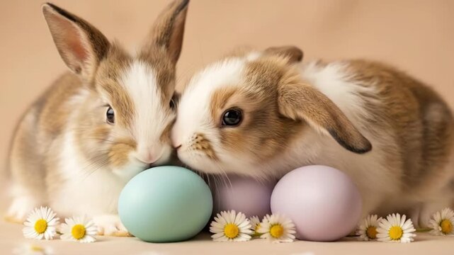 Two cute bunny rabbits with colorful easter eggs and white daisy flower for spring holiday decoration
