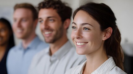 A diverse group of smiling colleagues looking forward in a modern office symbolizing teamwork and optimism