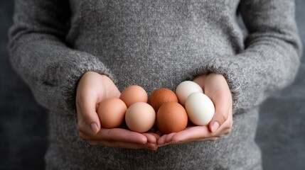 Close-up of person in gray sweater holding mixed-color eggs in cupped hands
