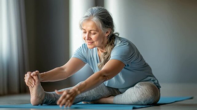 Senior woman doing relaxed stretching on yoga mat in a calm indoor space