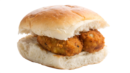Double Vada Pav with two spicy potato dumplings inside a fresh bread bun, authentic Indian street food snack