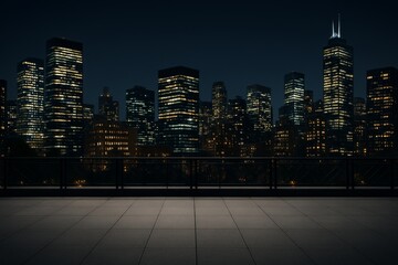 Obraz premium Modern city skyline view at night from empty rooftop terrace with tiled floor and railing, showcasing urban exterior architecture and lighting concept. Ai generative
