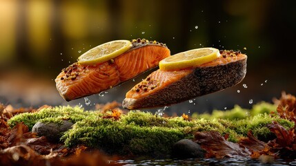 Levitating Grilled Salmon Fillets with Lemon and Spices in Nature