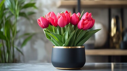 Obraz premium A black matte pot with gold rim detailing, holding bright pink tulips 
