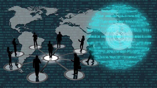 Filmato. Illustrazione 3D. Sfondo mondo digitale. Sequenza di zero e uno concetto di connessione globale tra persone, social network, e dispositivi informatici