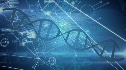 Animation of dna, connecting dots, graphs with hud processing on digital interface - Powered by Adobe
