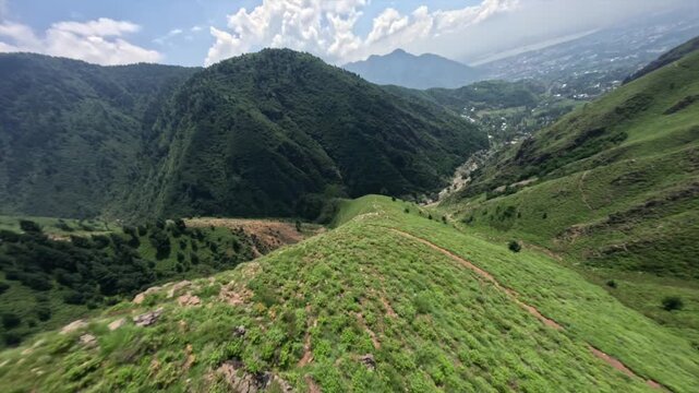 Aerial FPV shot flying over the scenic landscape of Dara near Srinagar, Jammu and Kashmir, India