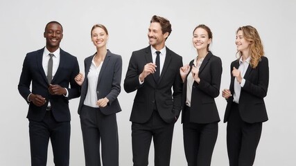 Smiling business multiracial team dancing together with coordinated upbeat movements