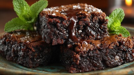 Close-up of rich, decadent brownies with a melting chocolate center, garnished with fresh mint