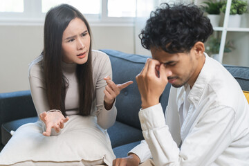 Fototapeta premium Breakup and depressed, asian young quarrel couple love fight relationship in trouble. Different people are emotion angry. Argue wife has expression upset with husband. Problem of family people.
