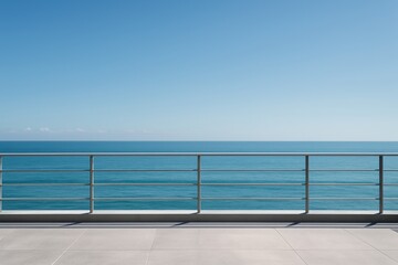 Obraz premium Modern terrace exterior design with ocean view and clear blue sky emphasizing minimal architectural concept and tranquil open space scene. Ai generative