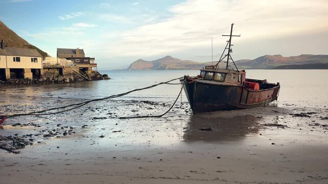 Fishing Boat at Porthdinllaen Beach, Morfa Nefyn, Llyn Peninsula, Gwynedd, North Wales, United Kingdom